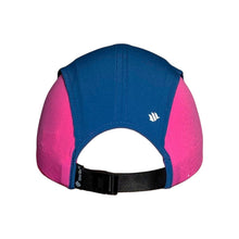 Boné de corrida SPORTBR azul e rosa com logo branco, aba dobrável e ajuste de fivela.