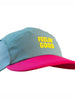Boné de corrida SPORTBR azul claro e rosa com texto amarelo 