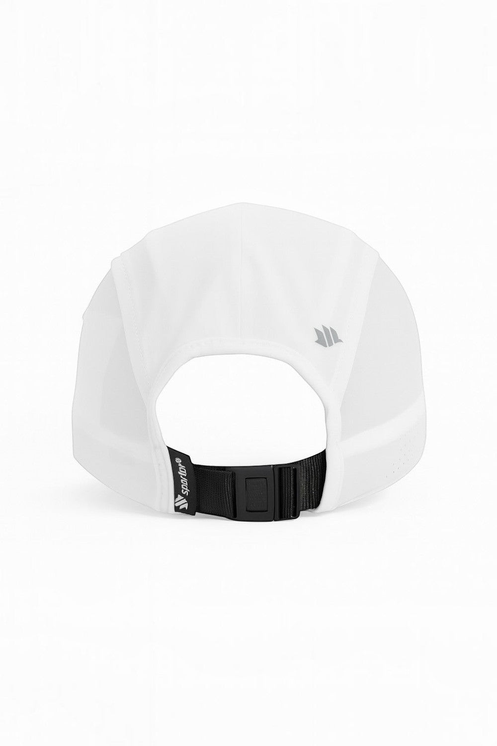 Boné de corrida SPORTBR branco ultraleve com ajuste traseiro e detalhes refletivos, vista traseira.
