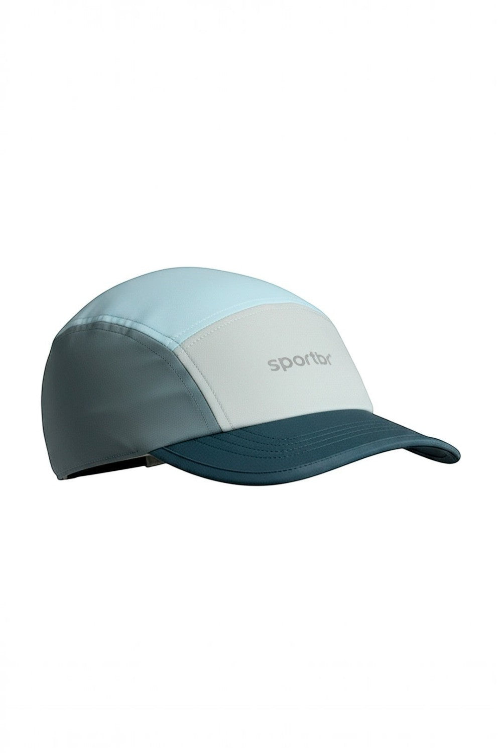 Boné de corrida SPORTBR cinza e azul, modelo ultraleve com painéis respiráveis e aba flexível para performance.
