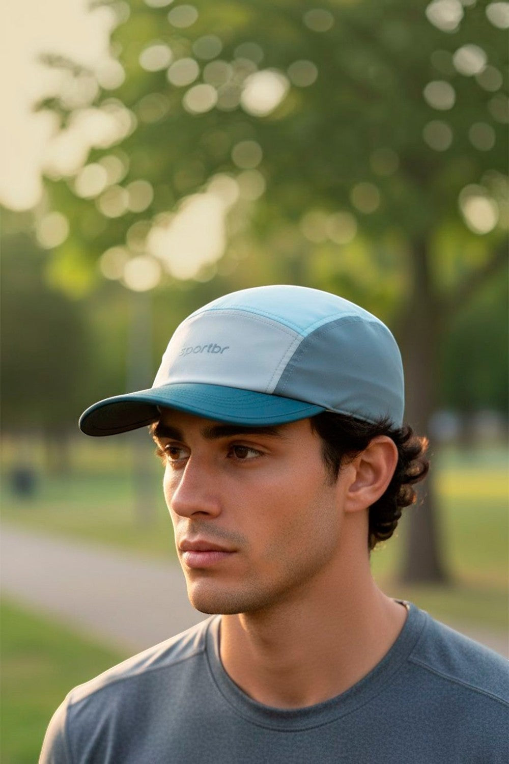 Homem usando boné de corrida cinza da SPORTBR, modelo ultraleve com painéis respiráveis em ambiente externo.