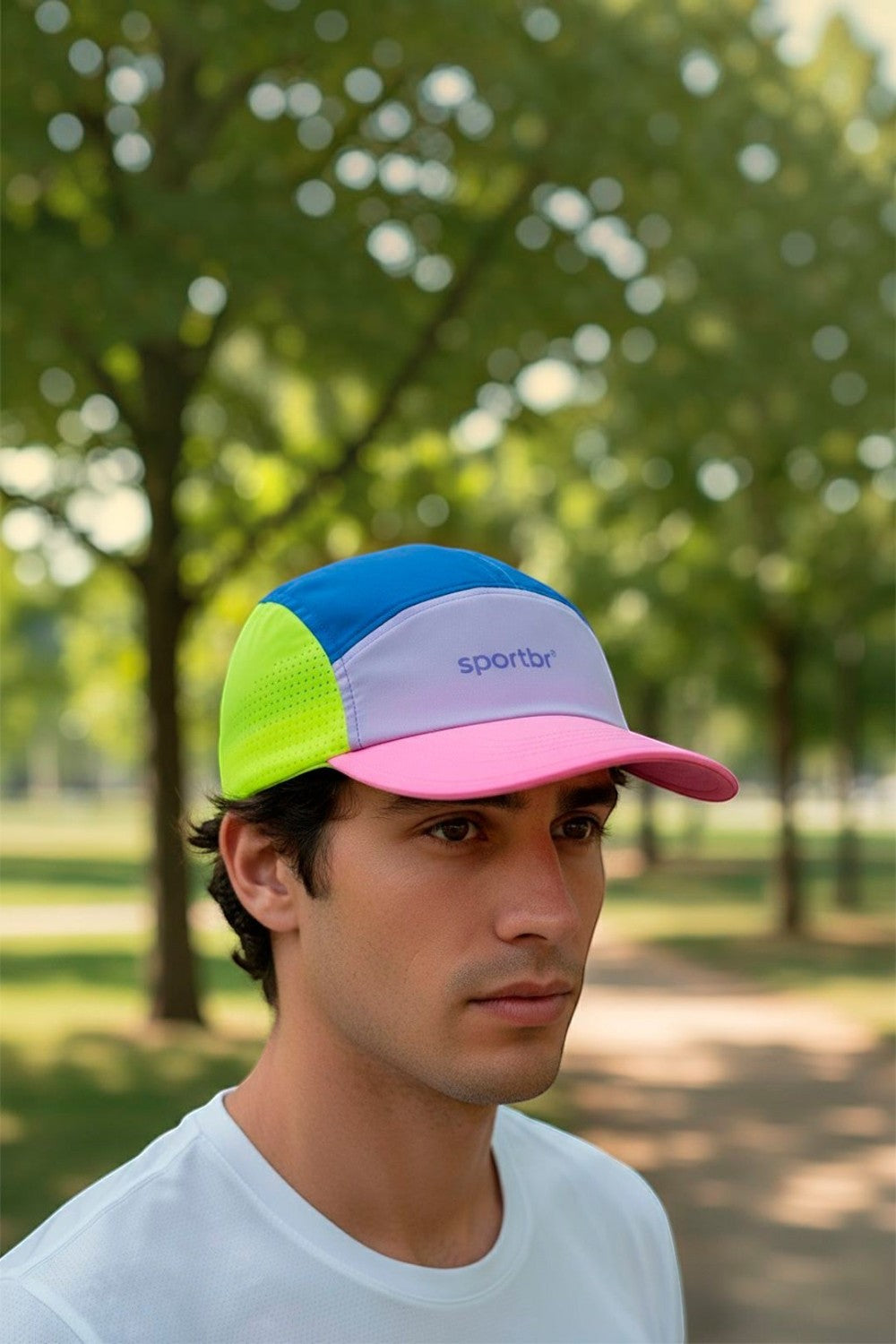 Boné de corrida SPORTBR ultraleve nas cores lilás, rosa, azul e verde neon, com tecido respirável e aba flexível.