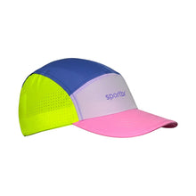 Boné de corrida SPORTBR colorido, com painéis em azul, lilás, rosa e verde neon. Possui logo da marca em lilás e perfurações para ventilação.