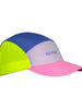 Boné de corrida SPORTBR colorido, com painéis em azul, lilás, rosa e verde neon. Possui logo da marca em lilás e perfurações para ventilação.