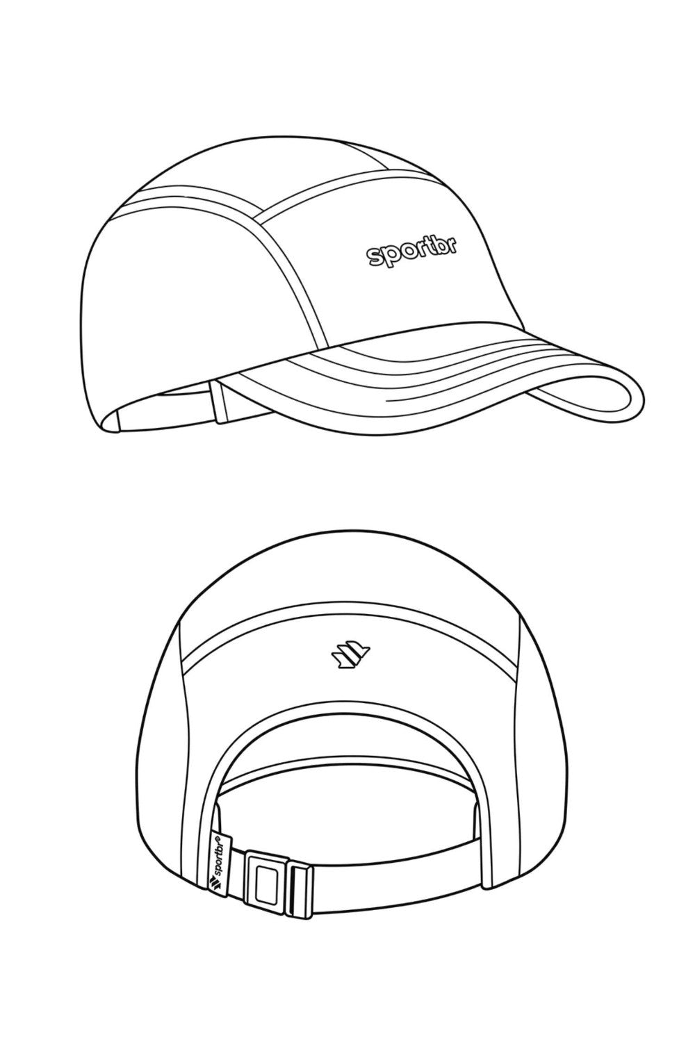 Desenho técnico do boné de corrida SPORTBR five panel preto com aba flexível, painéis laterais e ajuste traseiro.