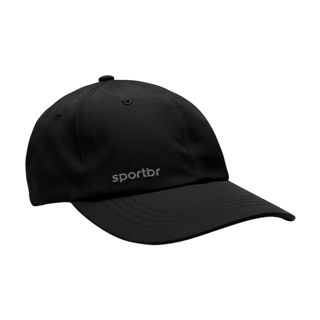 Boné preto de corrida SPORTBR com tecido Dry Fit e abertura para rabo de cavalo.