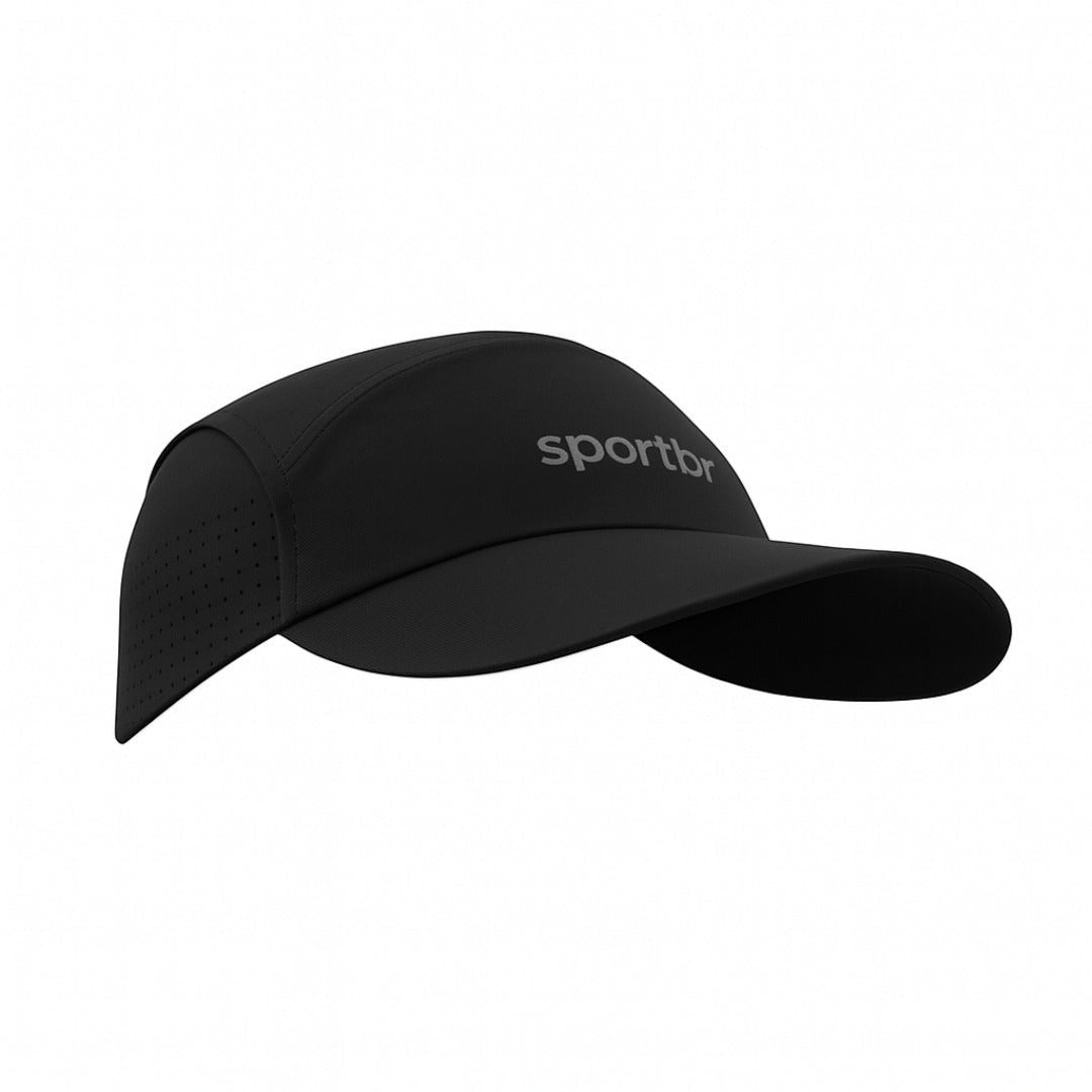 Boné de corrida preto SPORTBR ultraleve com painel de ventilação e aba dobrável.