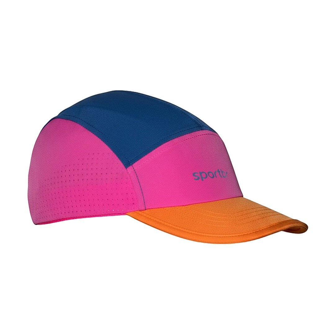 Boné de corrida SPORTBR rosa, azul e laranja com painéis laterais perfurados e logo discreto.