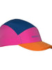 Boné de corrida SPORTBR rosa, azul e laranja com painéis laterais perfurados e logo discreto.
