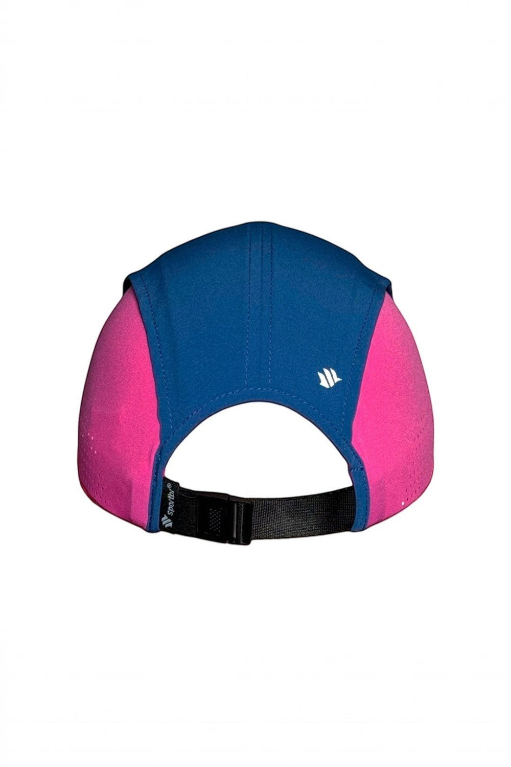 Boné de corrida SPORTBR rosa e azul com ajuste traseiro, tecido leve e respirável e detalhes refletivos.