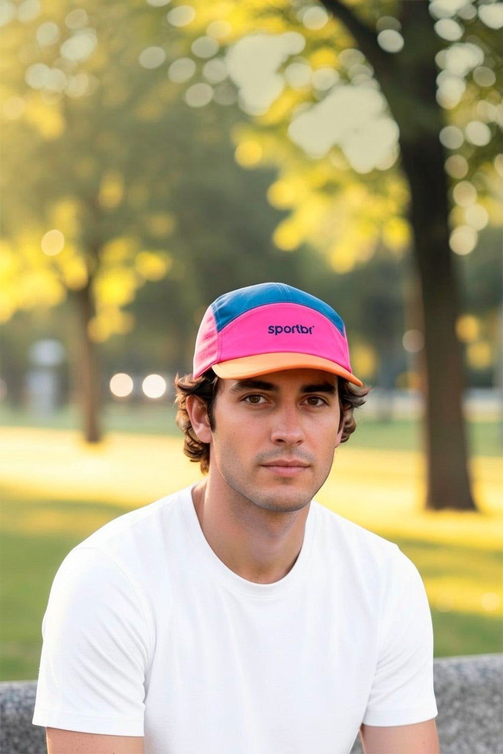 Homem usando boné de corrida SPORTBR rosa e azul com aba flexível em parque ensolarado