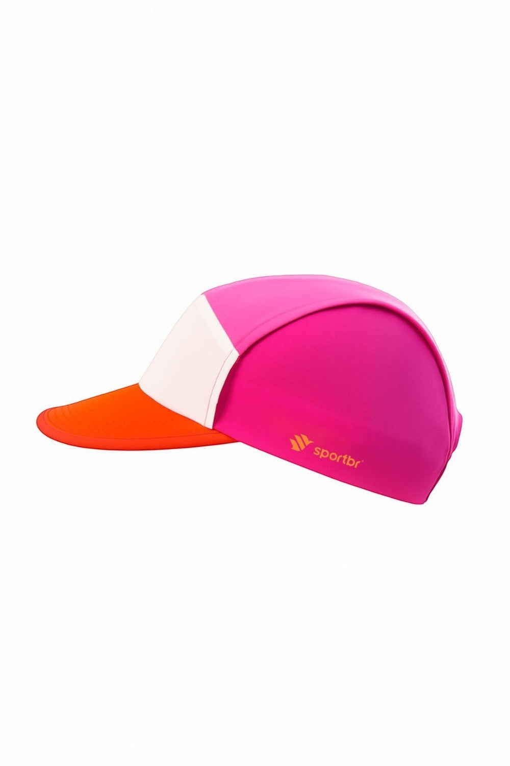 Boné de corrida SPORTBR ultraleve nas cores rosa e laranja com aba flexível e painel respirável, vista lateral.
