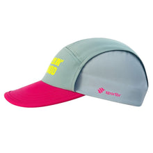 Boné de corrida SPORTBR rosa e verde claro, com logo e estampa amarela.