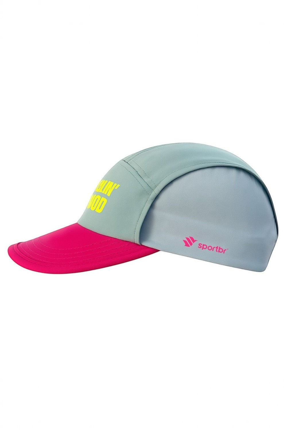 Boné de corrida SPORTBR ultraleve nas cores rosa e verde, com tecido respirável e aba flexível, vista lateral.