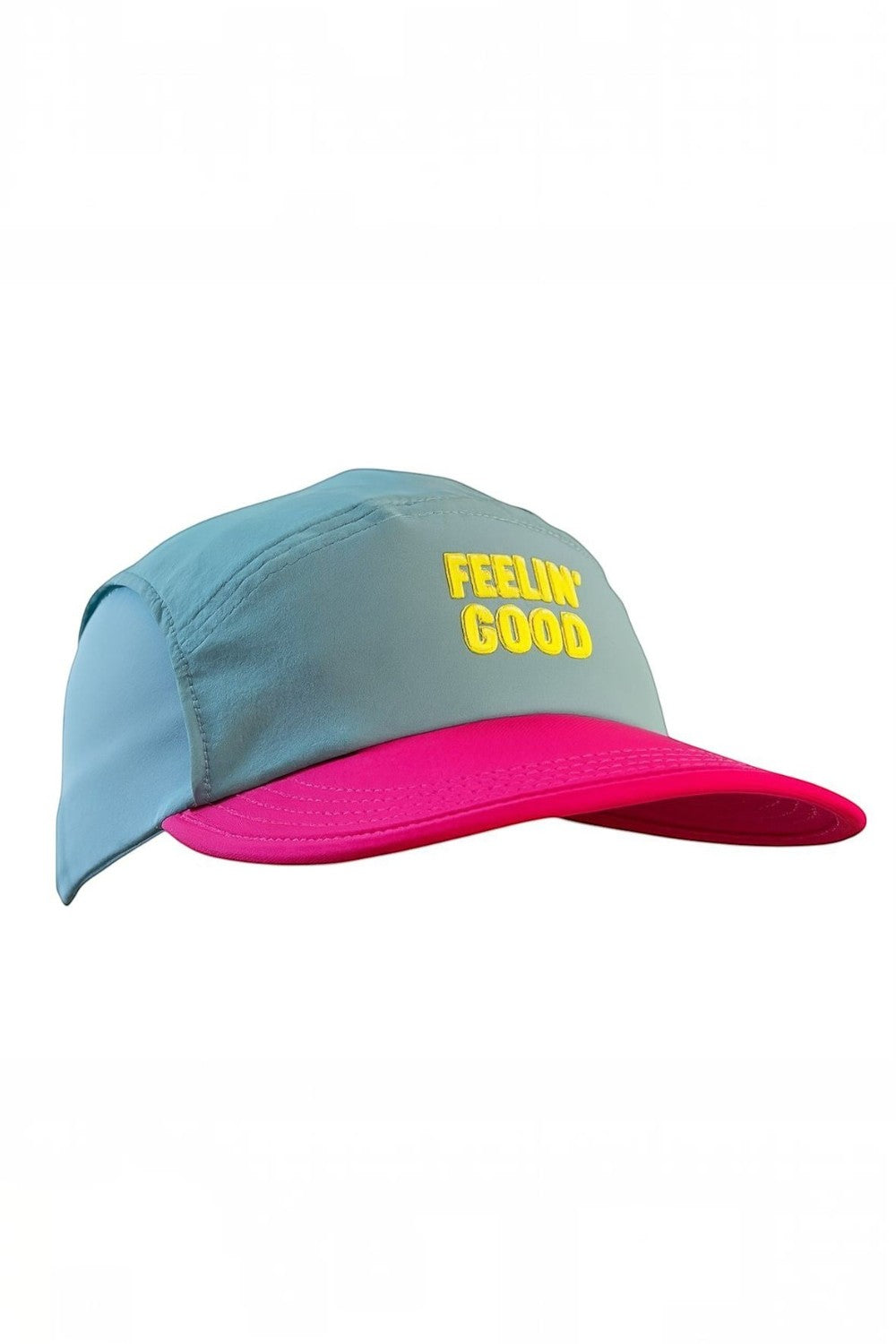 Boné de corrida SPORTBR ultraleve nas cores rosa e verde com a frase Feelin' Good em amarelo na parte frontal.