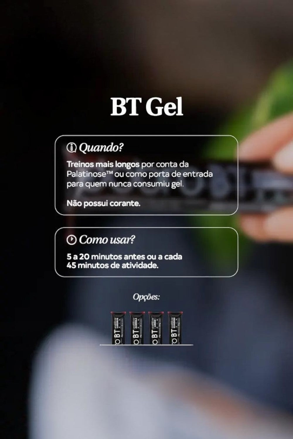Caixa de sachês BT Gel SPORTBR com informações sobre uso e benefícios para treinos de endurance