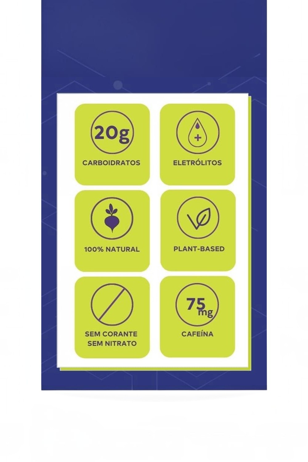 Tabela nutricional do BT Gel SPORTBR destacando 20g de carboidratos, eletrólitos, ingredientes naturais e cafeína.