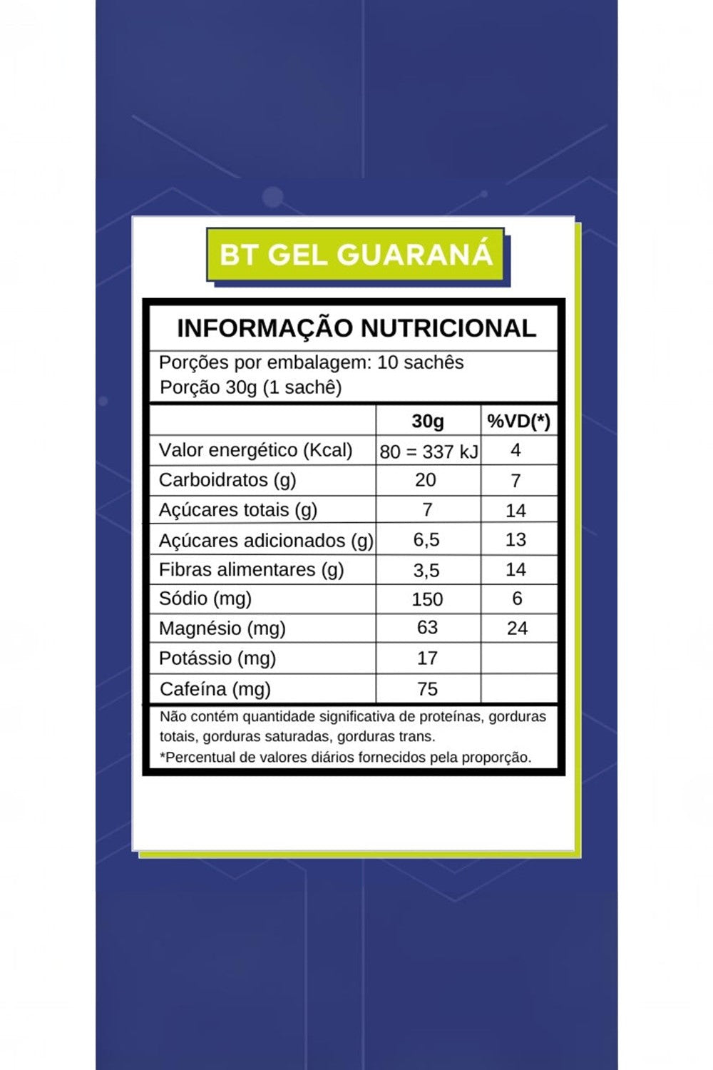 Tabela nutricional do SPORTBR BT Gel de beterraba com guaraná, detalhando carboidratos, cafeína e eletrólitos por sachê.