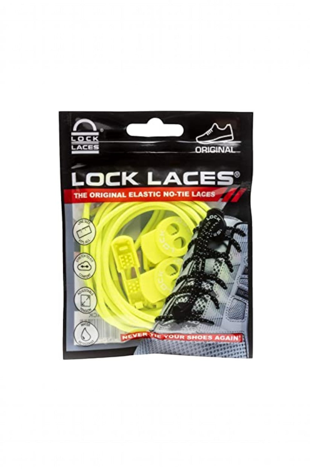Embalagem do cadarço elástico SPORTBR Lock Laces na cor amarelo neon, sistema de ajuste rápido para tênis.