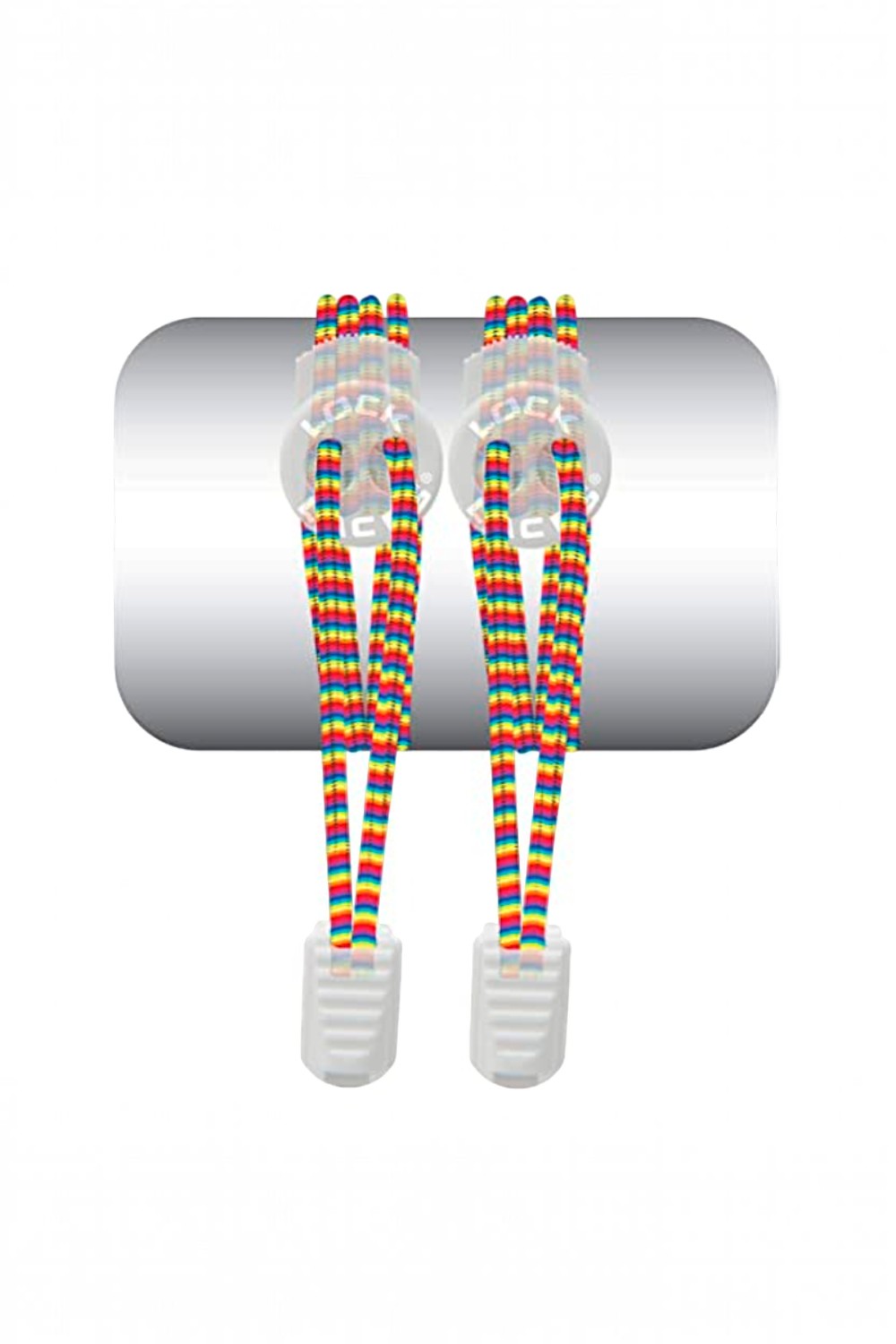 Cadarço elástico SPORTBR Lock Laces na cor arco-íris com fechos brancos para tênis de corrida e triathlon.
