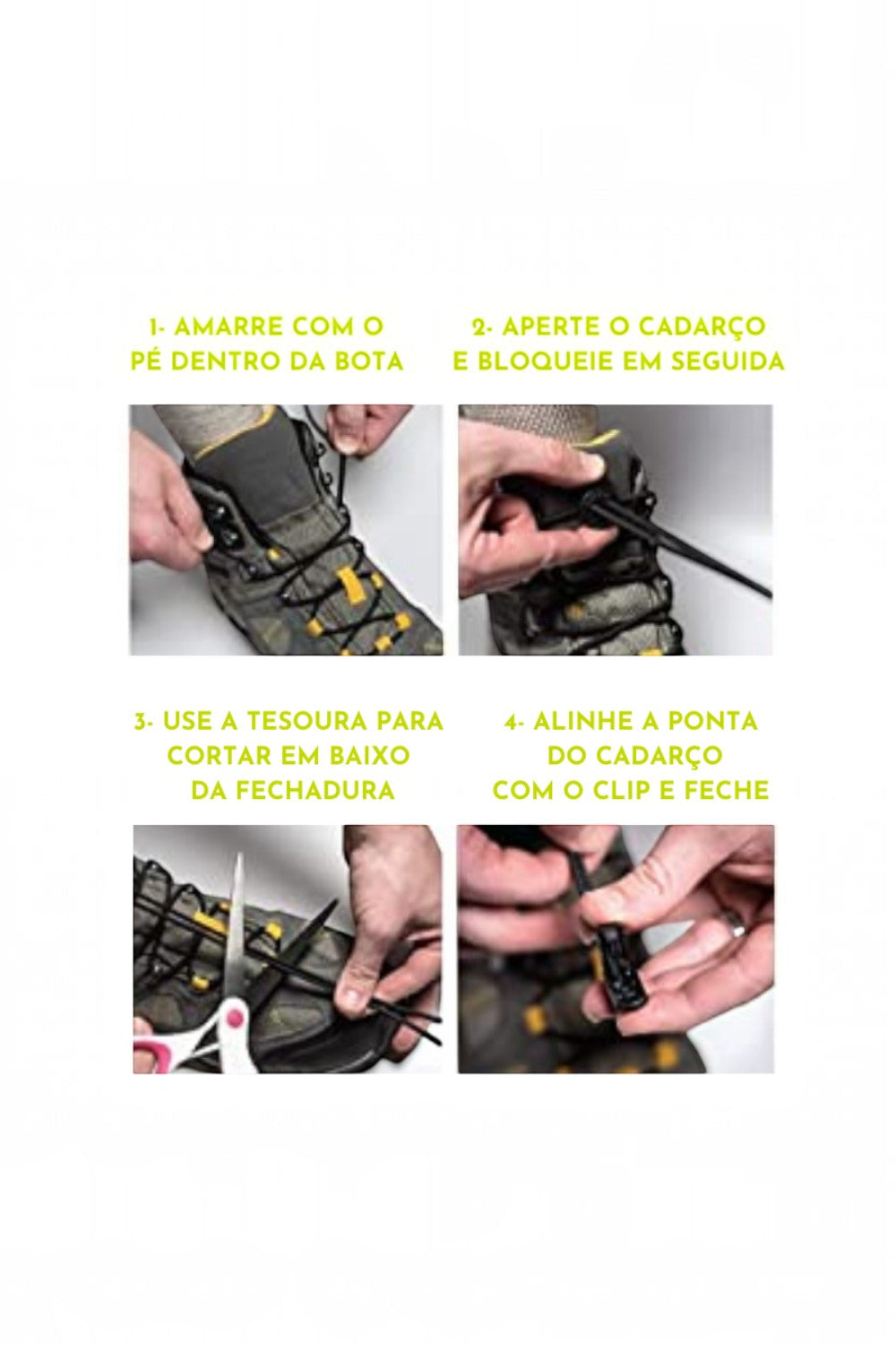 Tutorial de instalação do cadarço elástico SPORTBR Lock Laces bege em bota, mostrando o passo a passo de ajuste.