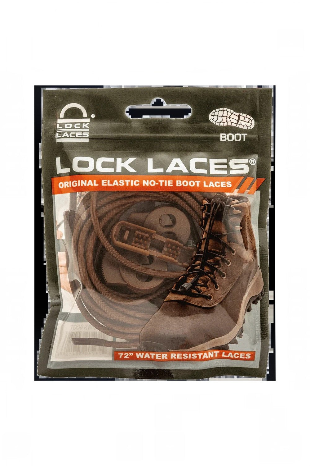 Cadarço elástico marrom Lock Laces para botas na embalagem original da SPORTBR, resistente à água e ajustável.
