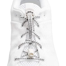 Cadarço elástico branco com padrão de bolinhas pretas e fecho branco da SPORTBR. Ideal para tênis.