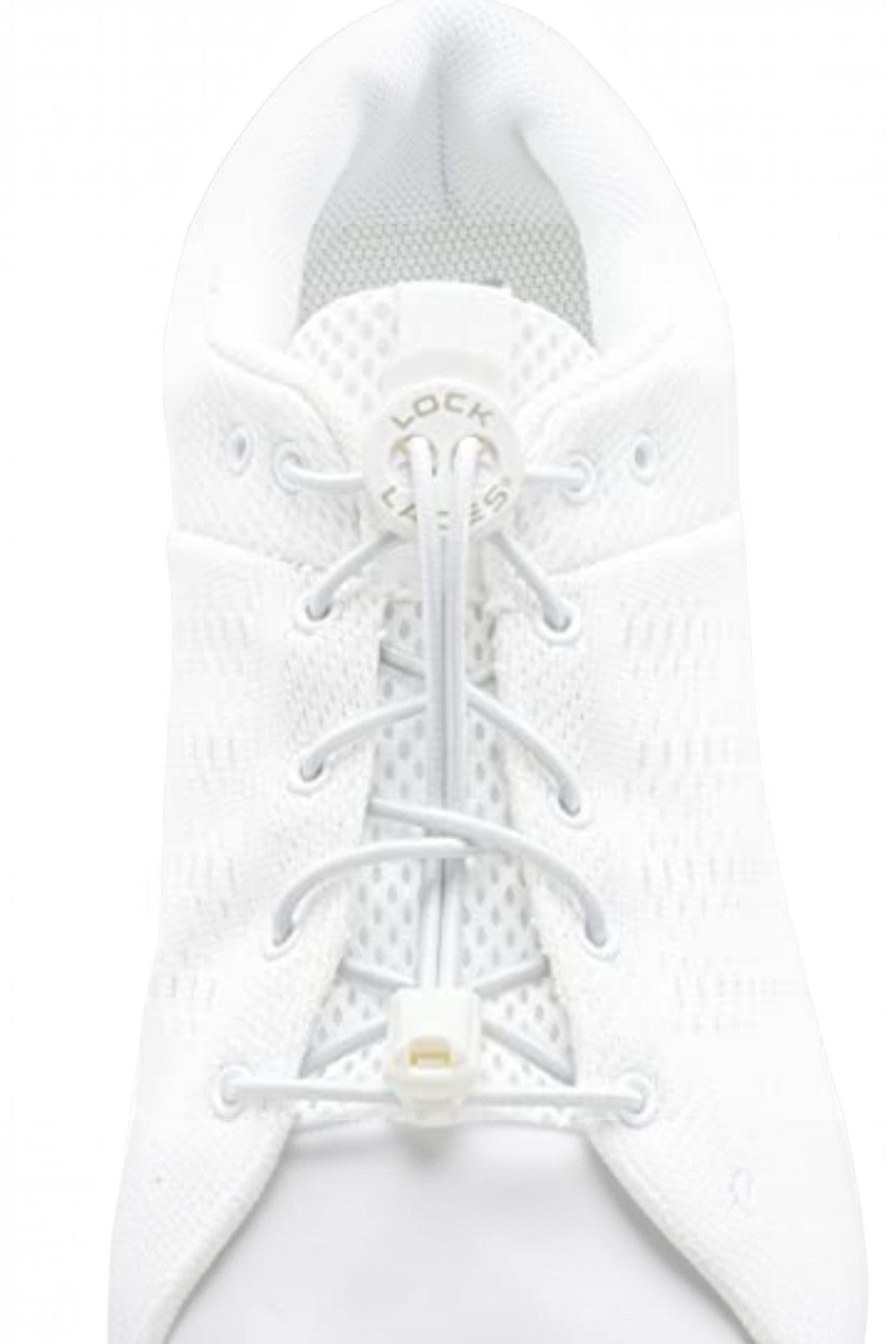 Cadarço elástico branco SPORTBR Lock Laces instalado em tênis esportivo, garantindo ajuste firme e prático.