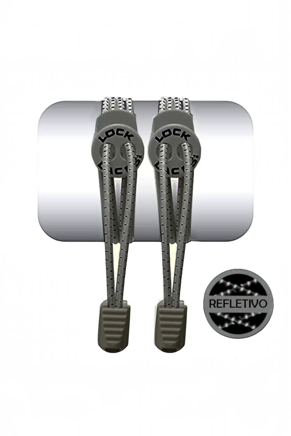 Cadarço elástico cinza refletivo SPORTBR Lock Laces com sistema de travamento para tênis de corrida e uso diário