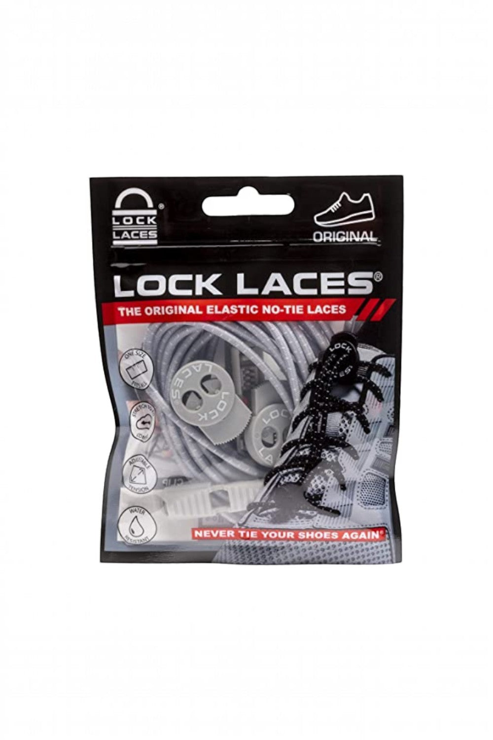 Embalagem do cadarço elástico cinza SPORTBR Lock Laces, sistema de ajuste rápido para tênis de corrida.