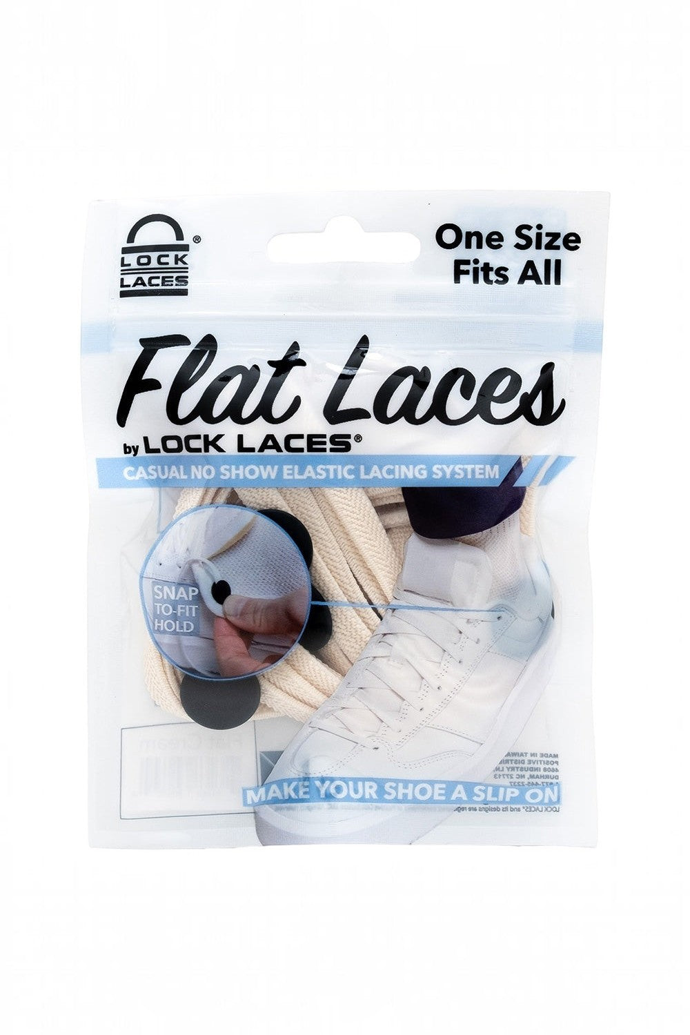 Embalagem do cadarço elástico SPORTBR Lock Laces FLAT na cor creme, sistema prático para transformar tênis em slip-on