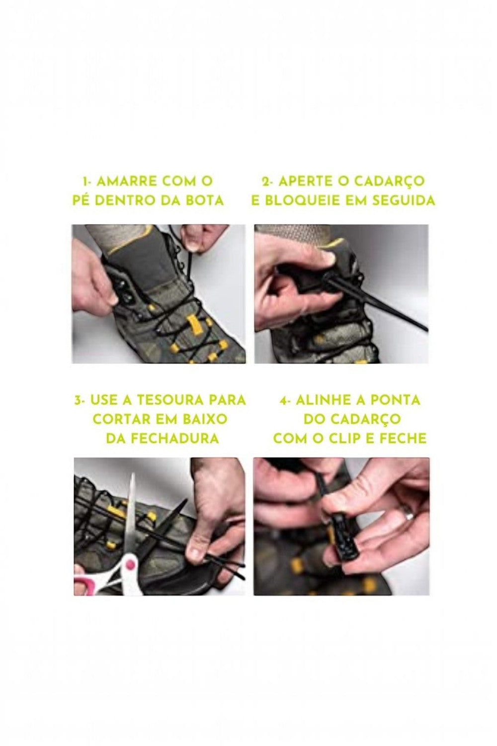 Passo a passo da instalação do cadarço elástico SPORTBR Lock Laces preto em bota de trilha com sistema de trava