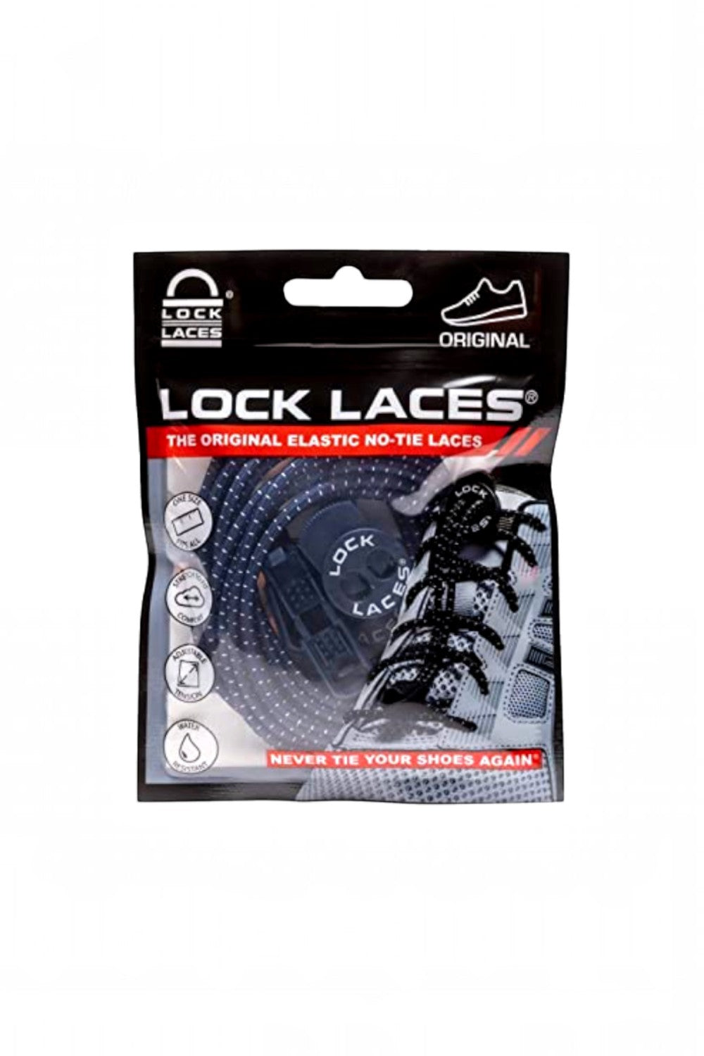 Embalagem do cadarço elástico SPORTBR Lock Laces na cor azul marinho com sistema de travamento para tênis