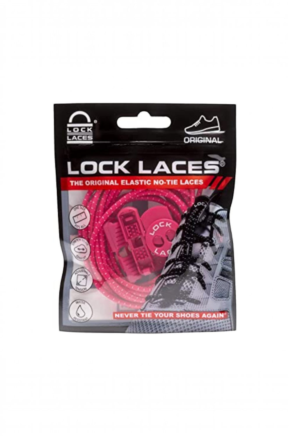 Embalagem do cadarço elástico SPORTBR Lock Laces na cor rosa pink com sistema de fecho e clipes inclusos