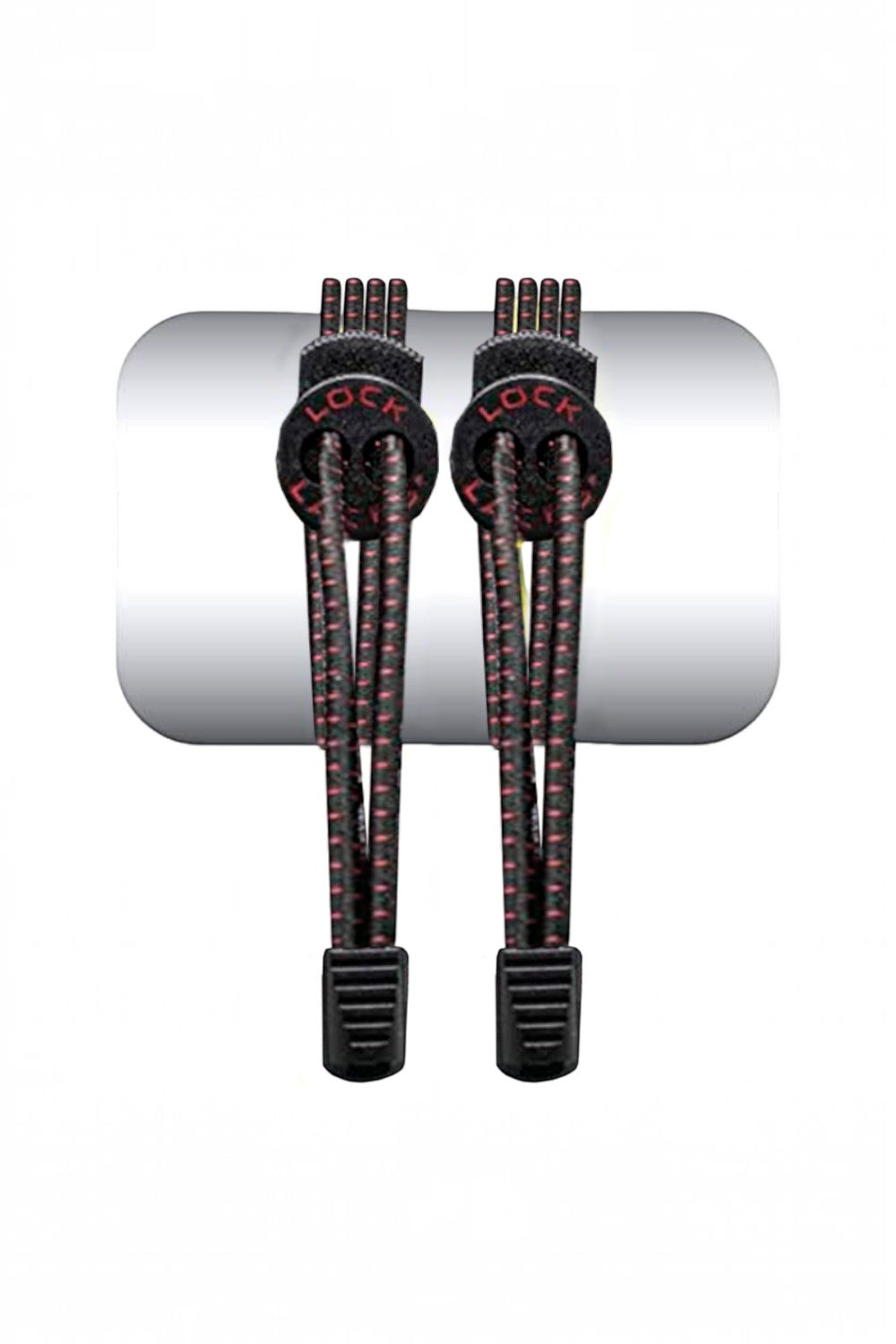 Cadarço elástico SPORTBR Lock Laces preto com detalhes vermelhos, sistema de travamento e clipes de acabamento.
