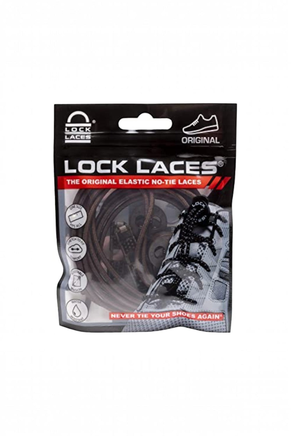 Embalagem do cadarço elástico marrom SPORTBR Lock Laces, sistema prático que dispensa amarrar o tênis.