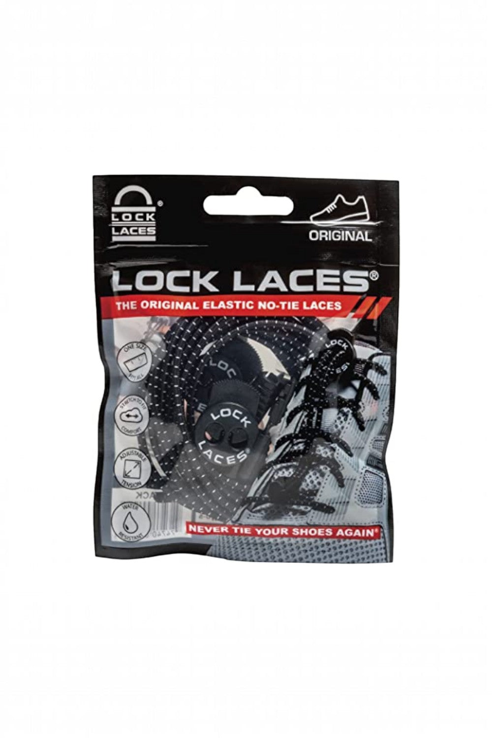 Embalagem do cadarço elástico preto Lock Laces da SPORTBR, sistema de ajuste rápido para tênis de corrida.