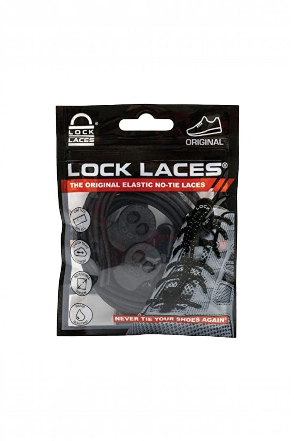 Embalagem do cadarço elástico preto SPORTBR Lock Laces para tênis, com sistema de travamento e ajuste rápido.
