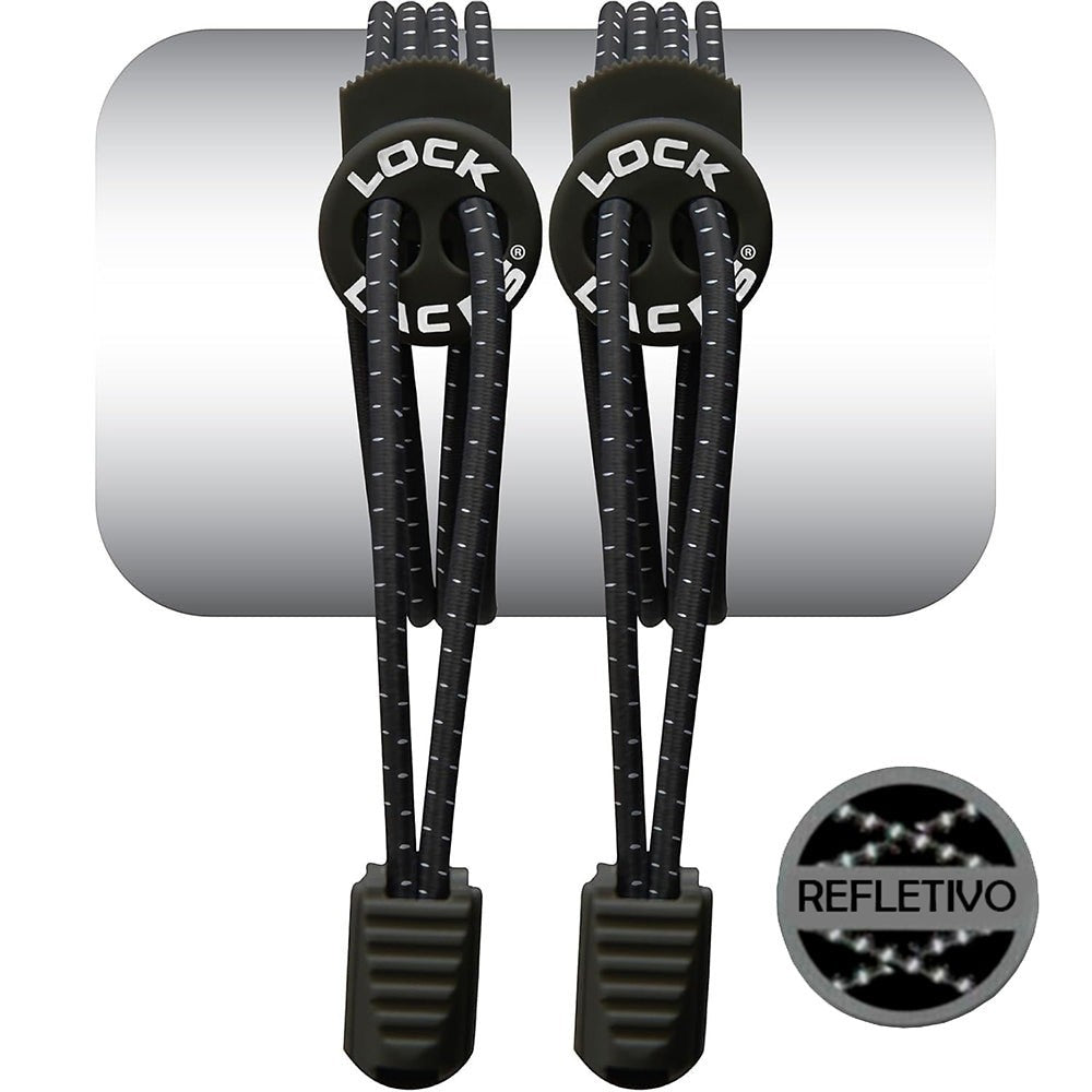 Cadarço elástico preto refletivo Lock Laces com ajuste firme e prático para corrida e uso diário.