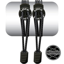 Cadarço elástico preto refletivo Lock Laces com ajuste firme e prático para corrida e uso diário.