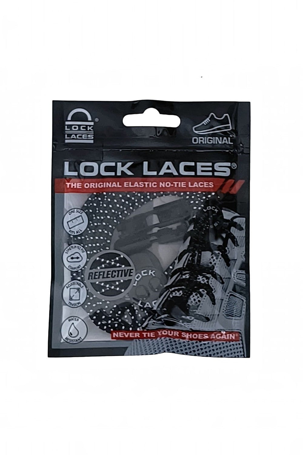 Embalagem do cadarço elástico refletivo preto SPORTBR Lock Laces para tênis, ideal para corrida e triathlon.
