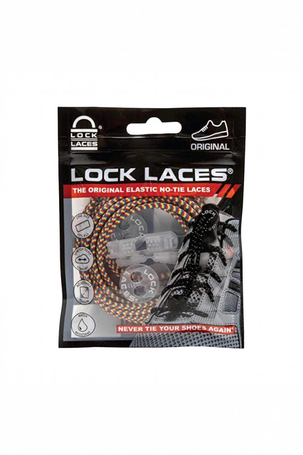 Embalagem do cadarço elástico SPORTBR Lock Laces na cor rainbow, sistema de ajuste rápido para tênis de corrida.