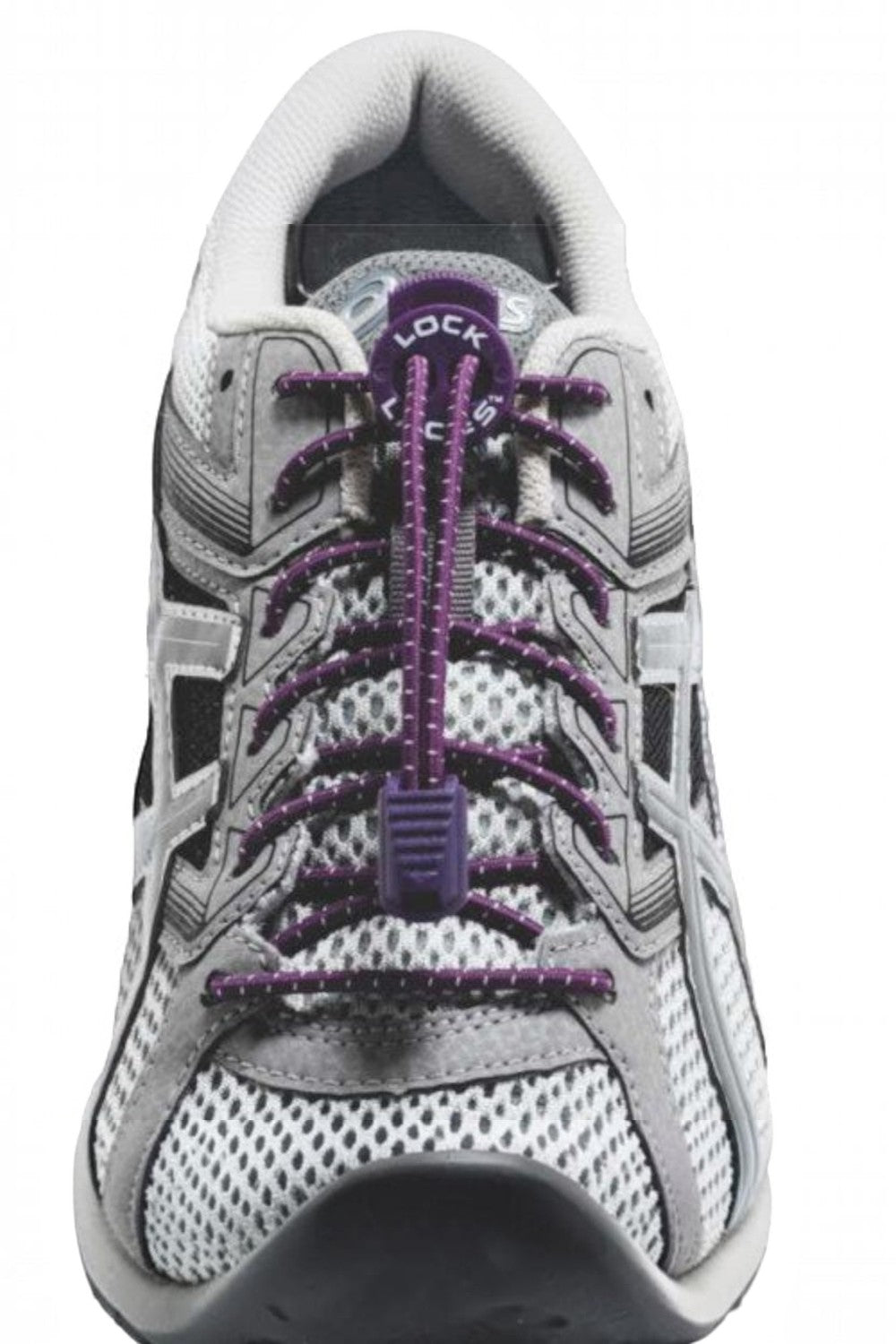 Cadarço elástico roxo SPORTBR Lock Laces instalado em tênis de corrida cinza com sistema de travamento ajustável