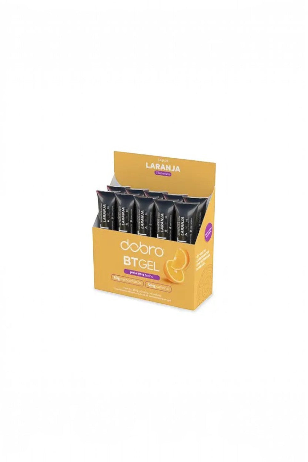 Caixa expositora SPORTBR com 10 sachês de BT Gel Dobro sabor beterraba com laranja para performance esportiva.