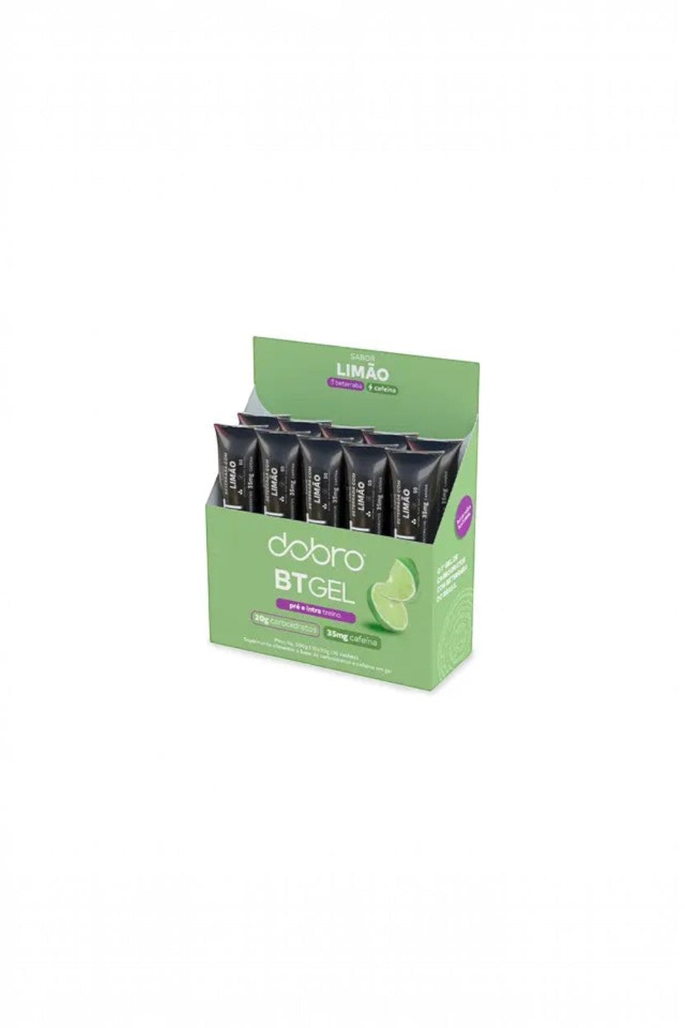 Caixa com 10 sachês de BT Gel DOBRO sabor beterraba com limão e cafeína, ideal para performance esportiva SPORTBR