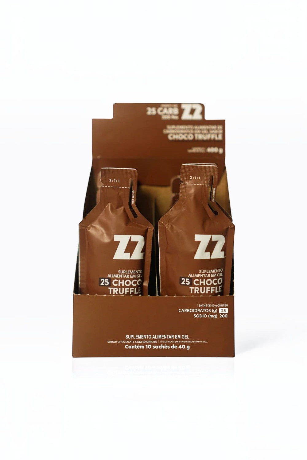 Caixa com 10 sachês de gel de carboidrato Z2 sabor Choco Truffle da SPORTBR para energia rápida em treinos