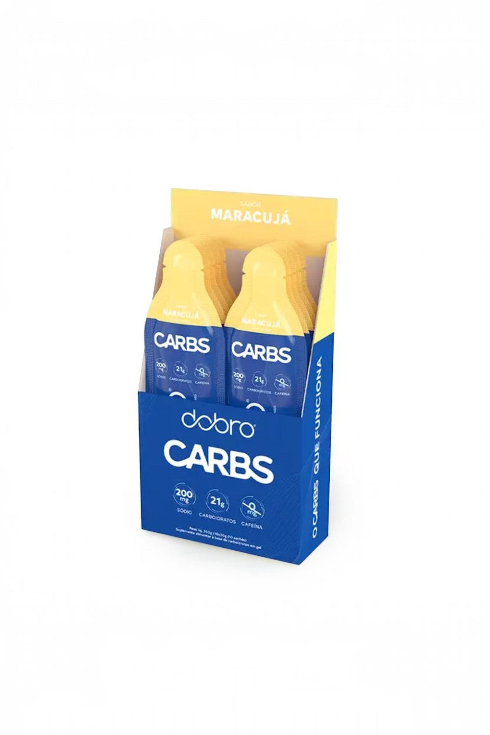 Caixa com 10 sachês de gel de carboidrato Dobro sabor maracujá, ideal para energia rápida em treinos na SPORTBR.