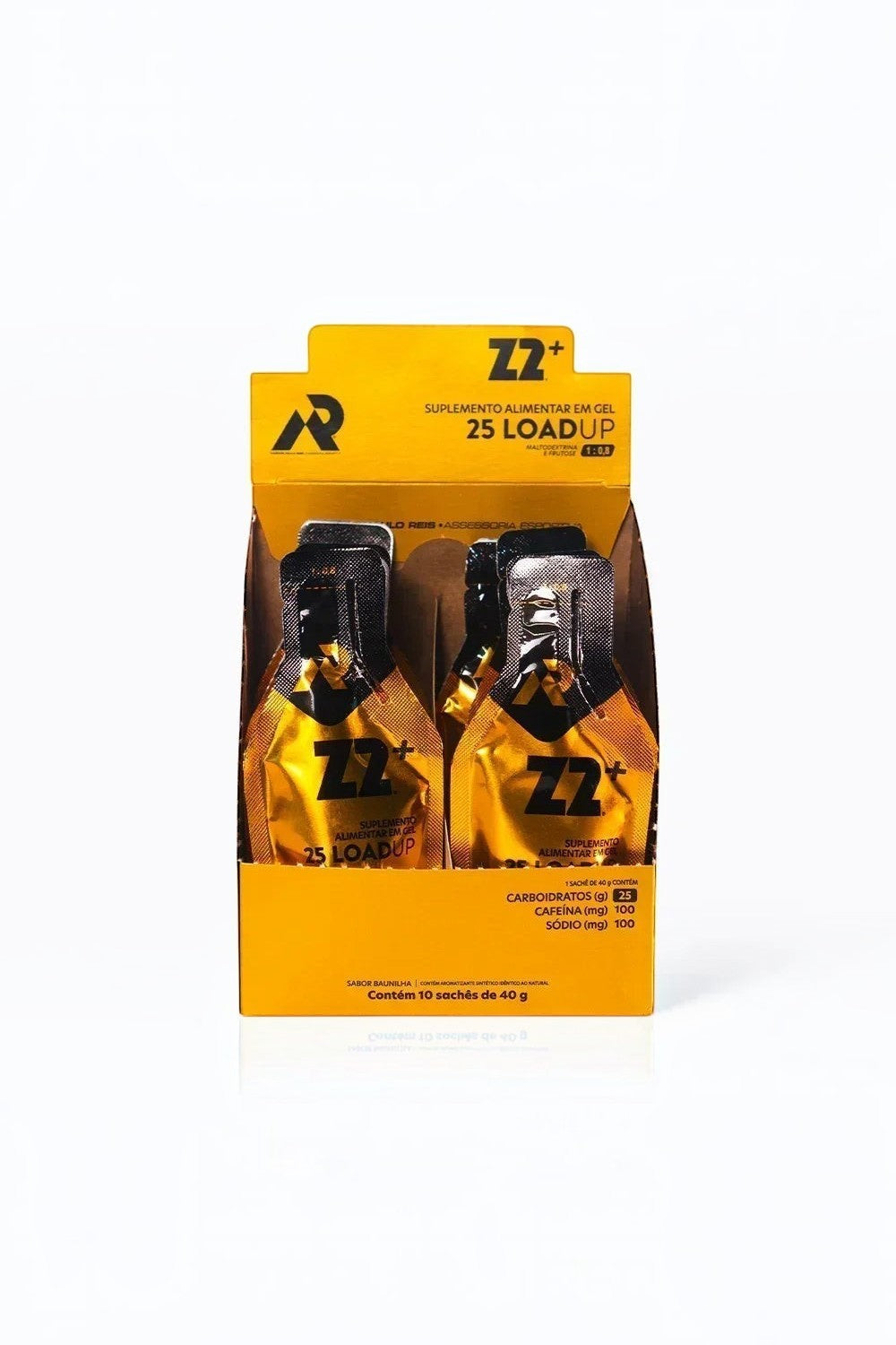 Caixa com 10 sachês de gel de carboidrato Z2+ SPORTBR sabor original, embalagem amarela e preta para performance.