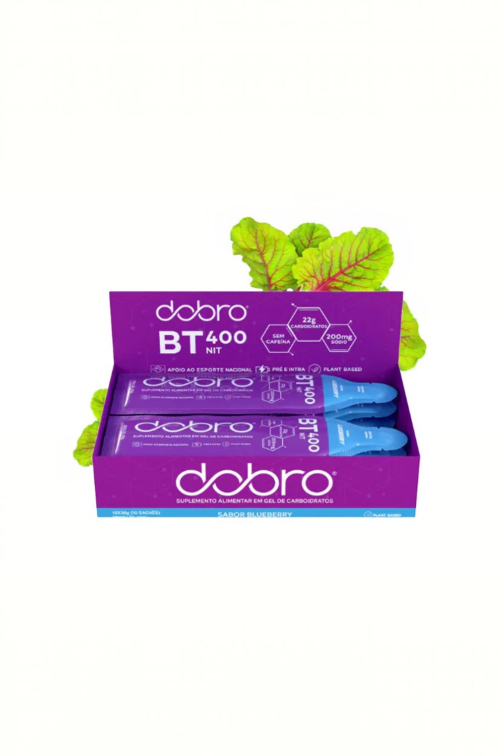 Caixa de SPORTBR com 10 sachês de gel de carboidrato Dobro BT Nitrato sabor blueberry com folhas de beterraba ao fundo