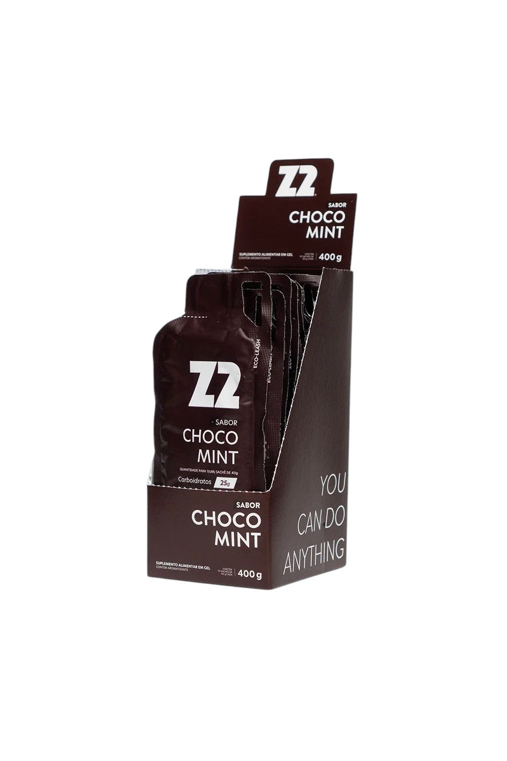 Caixa com 10 sachês de gel de carboidrato SPORTBR Z2 sabor chocolate com menta e cafeína para performance esportiva